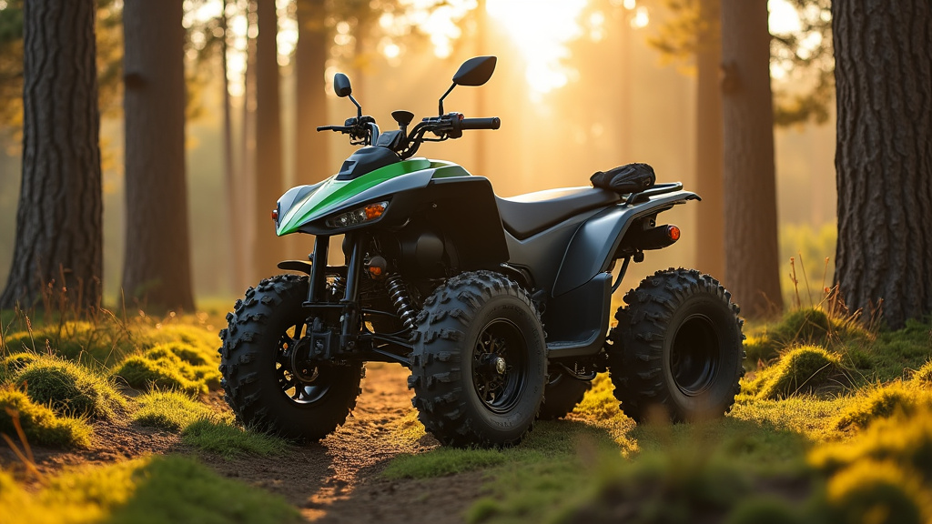 Détail technique d'un quad électrique montrant le moteur et la batterie