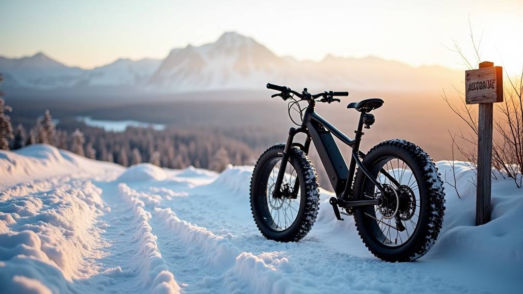 Fat bike électrique sur une piste enneigée avec montagnes en arrière-plan